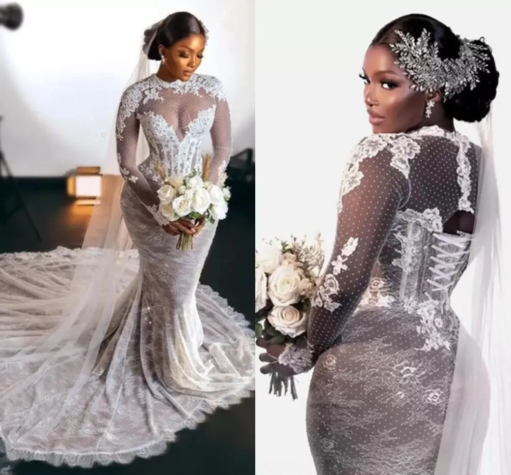 Un pcs manches longues sirène robes de mariée pleine applique abito da sposa Vintage lacets corset africain Aso Ebi robe de mariée robe