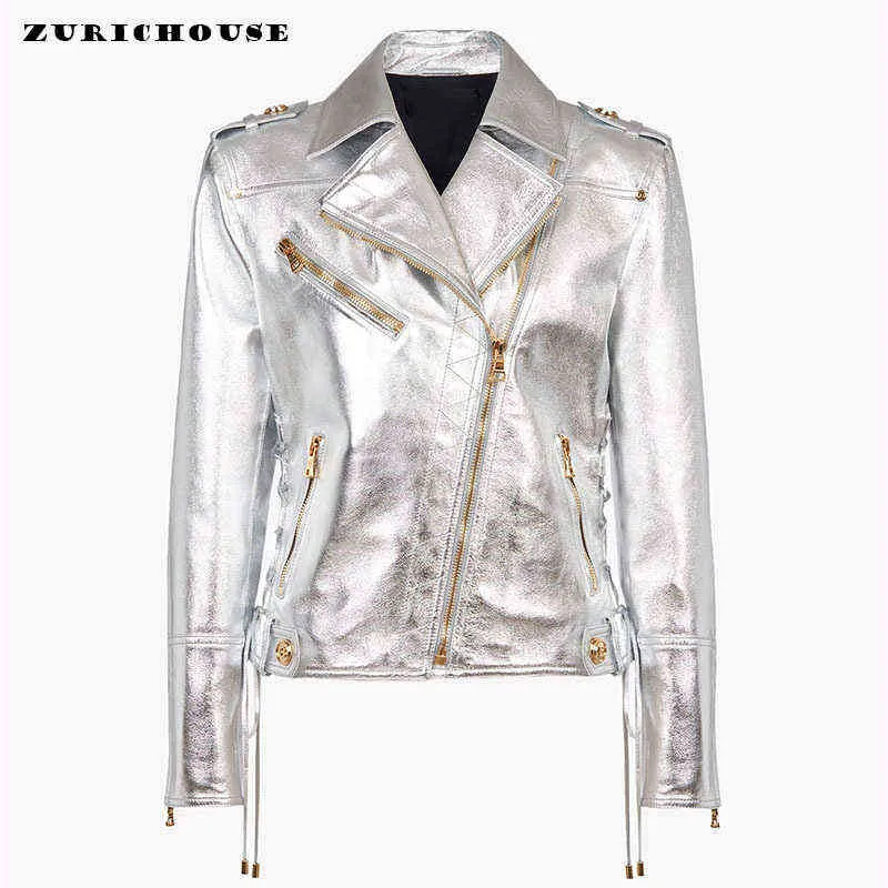 Giacca in pelle argento metallo Donna Zipper Moto Capispalla Chic Lace-up Design Giacche moto in pelle sintetica L220728