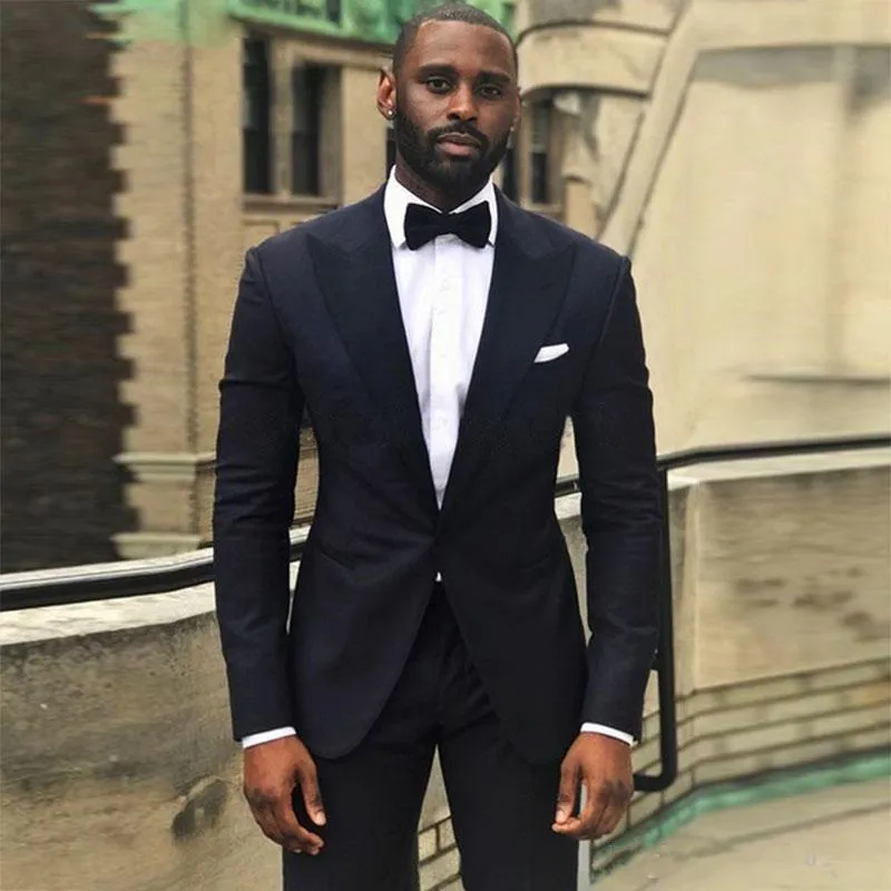 Новые индивидуальные черные мужчины подходят для свадебной 2 кук -штуковины брюки с пик в пик с одной кнопкой Slim Fit Parm Prom Wear