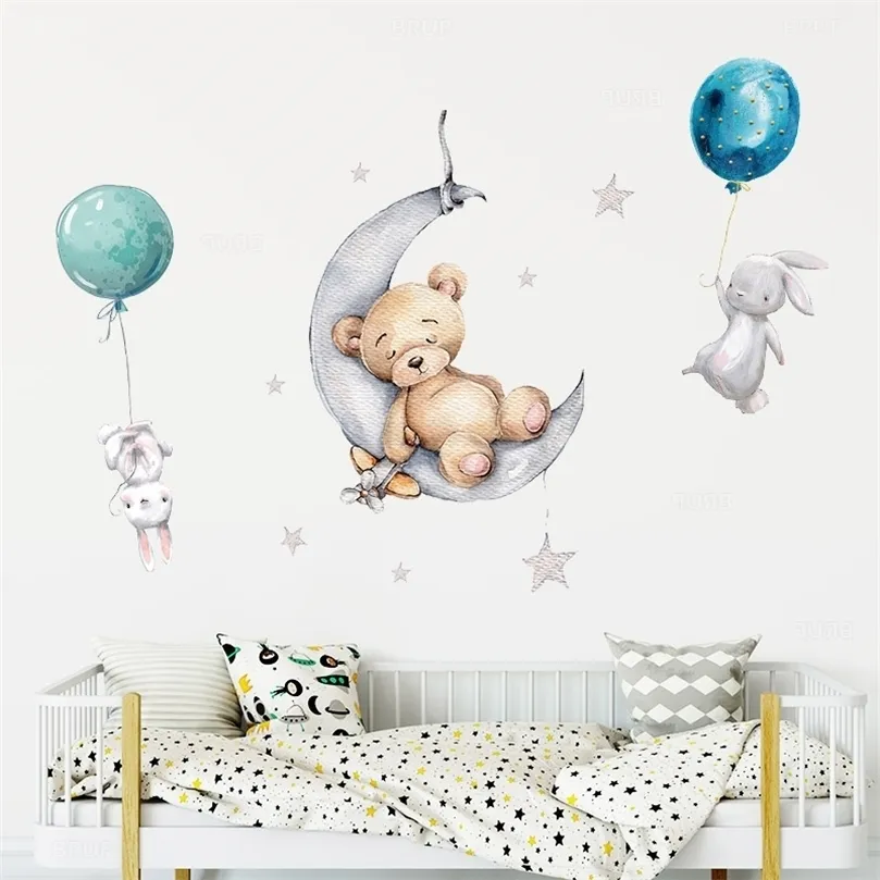 Coelho de balão em aquarela e adesivos de parede de urso marrom para crianças quarto de berçário decoração de decalque de parede de decalque PVC aquarela 220727