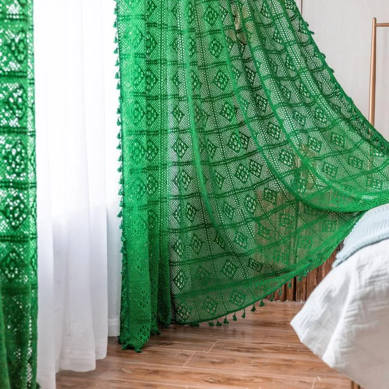 Curtain & Drapes Nordic Green Crochet Curtains For Living Room Bedroom Floral Knitting Screen Windows Treatment DecorationCurtain