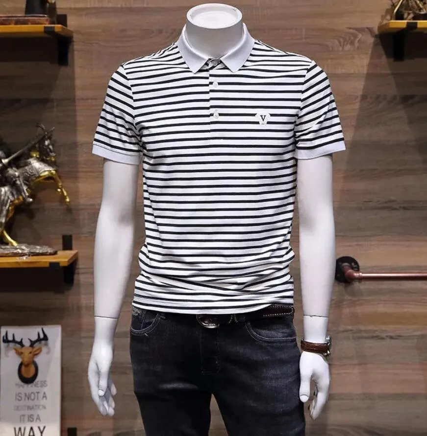2022夏の半袖メンズラペル縞模様のカジュアルポロシャツメンズスリム韓国のファッショントレンドTシャツ