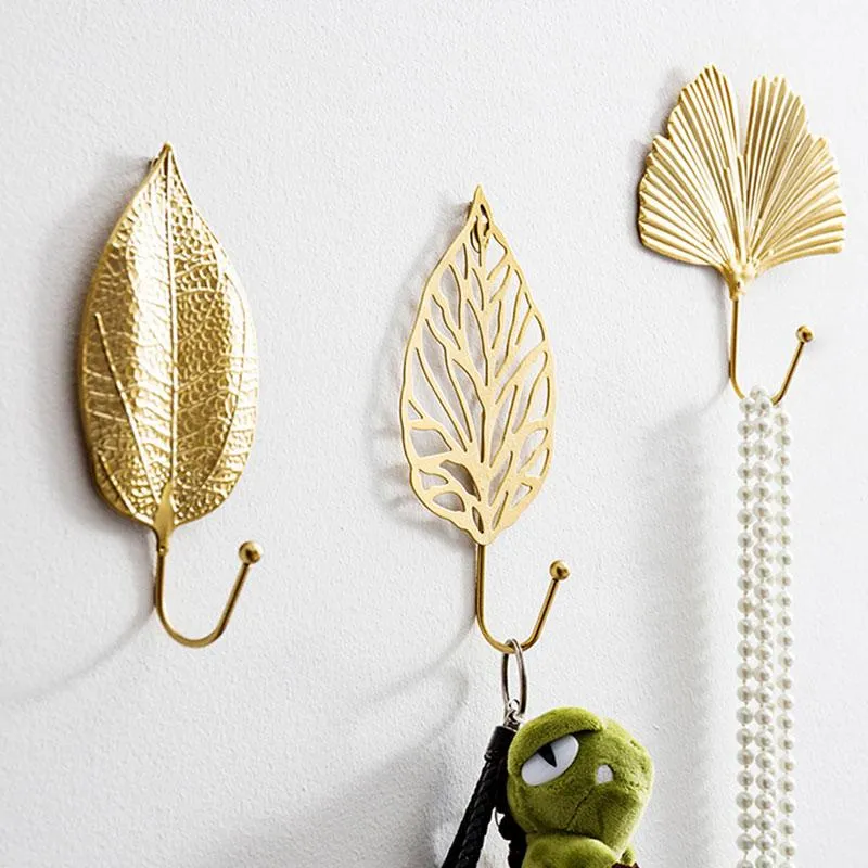 Hooks & Rails Meatal Golden Leaves Wall Mounted For Hanging Clothes No-punch Hanger Coat Key Hook Decorative Home OrganizerHooks