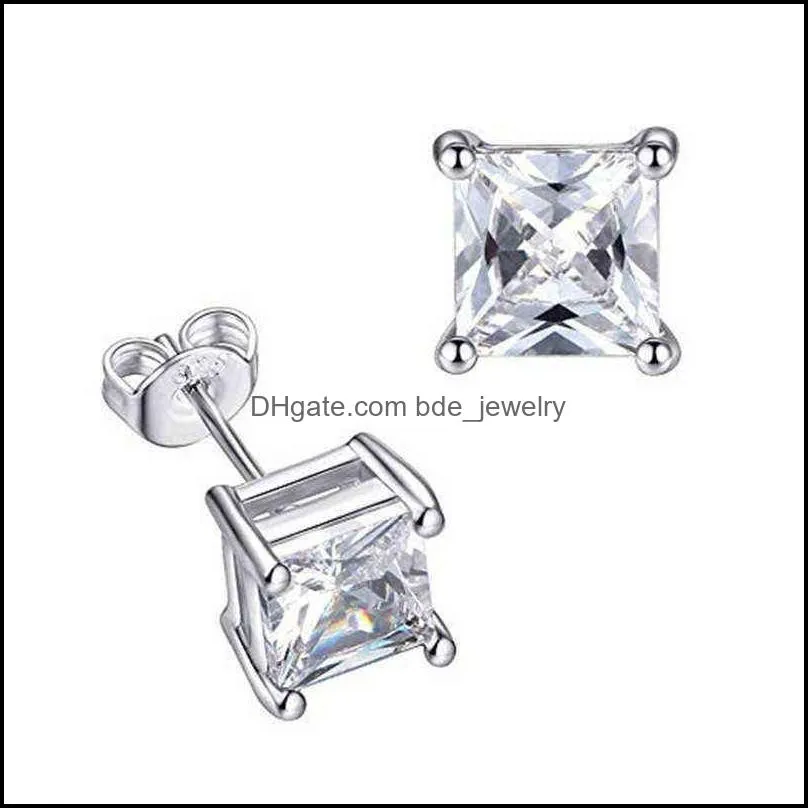 100% Stud Earrings Princess Cut Ear Studs Solid Silver VVS Diamond Earring For Women Men Wedding Jewelry 220115