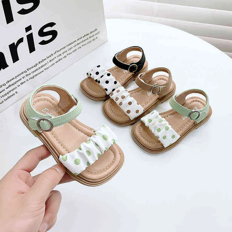 Girls Princess Sandals 2022 New Sweet Fashion Summer Kids Children Toddler Pleated Pu Leather Spot Street Beach Young Shoes Baby G220418