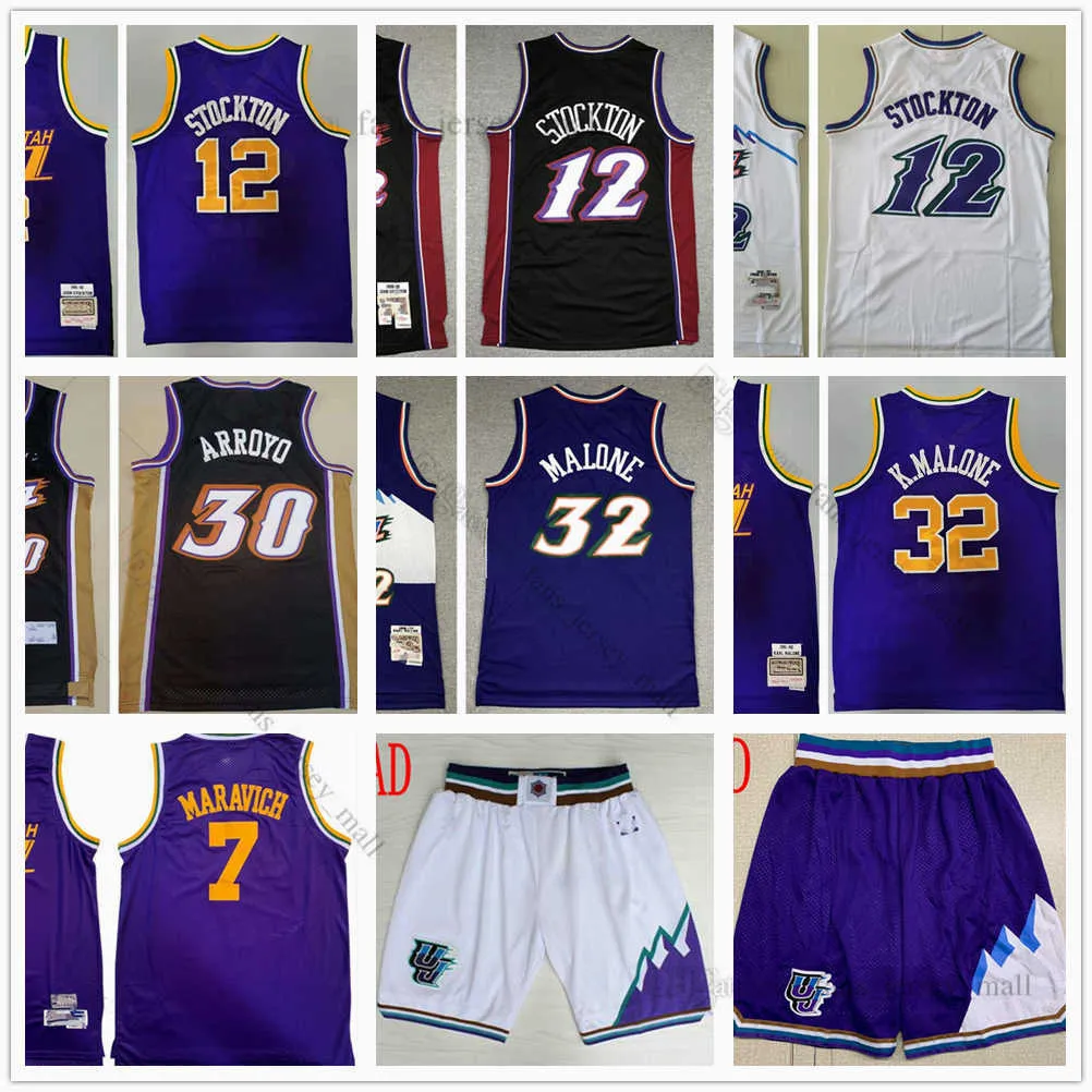 Retro Jersey Basketbol John Stockton 32 Karl Malone 30 Carlos Arroyo Pete Maravich 91-92 96-97 98-99 Beyaz Mavi Siyah Jersey