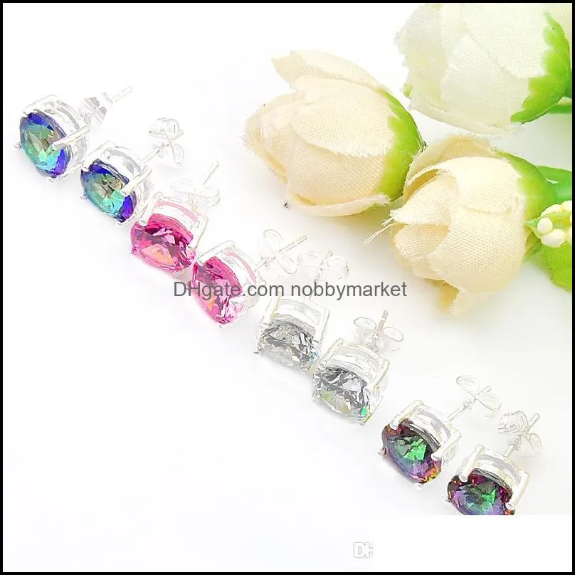 Luckyshine Mix 4Pairs Wedding Gift Fire Round Mystic Topaz Pink White Cubic Zirconia 925 Sterling Silver Men Women Stud Earrings Free