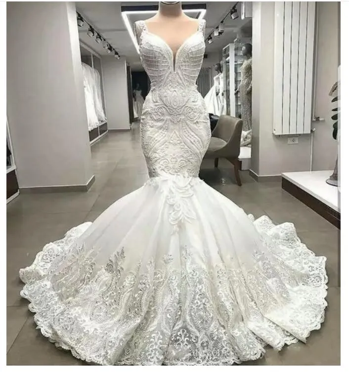 2022 Abiti da sposa a sirena in pizzo unici di fascia alta Appliques Arabo Dubai Abiti da sposa con perline Abiti da sposa su misura Robe De Mariee 2022 Vestido De Noiva B0603G04