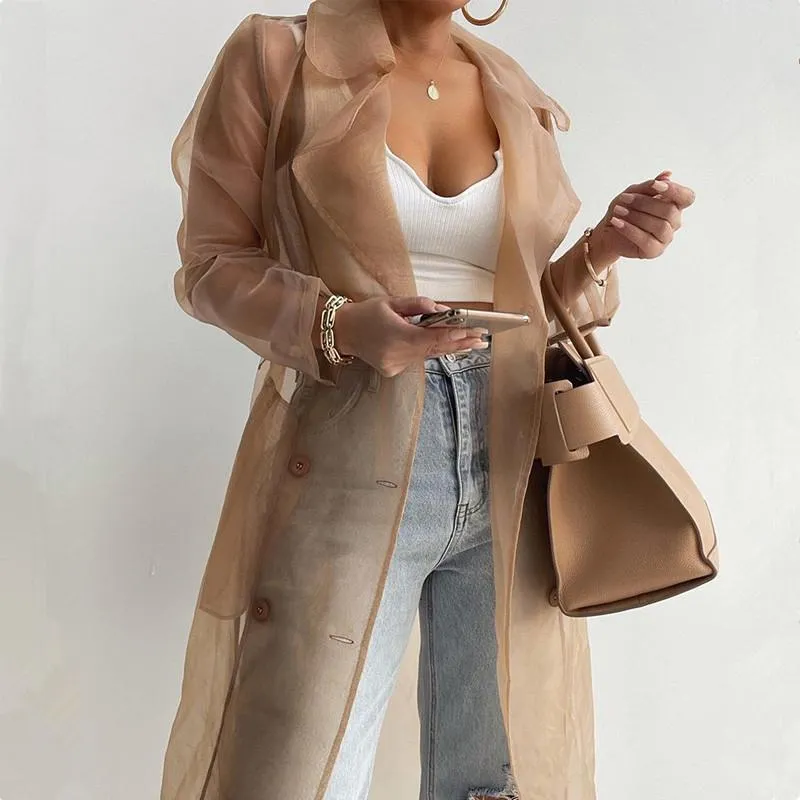 Women's Jackets Women Spring Summer See Through Outdoor Long Coat Sheer Mesh Full Sleeve Buttoned With BeltWomen's