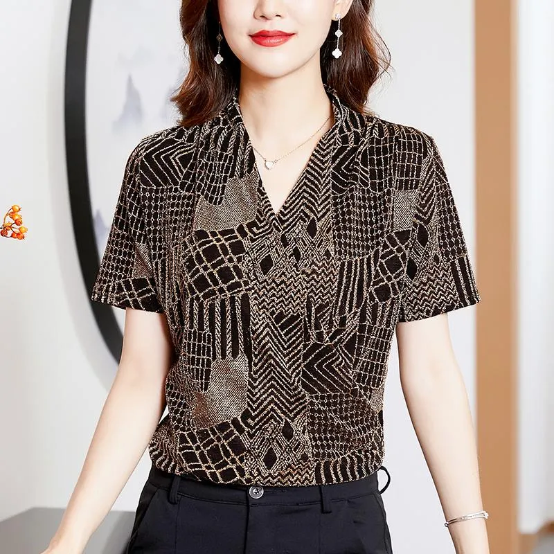 Kvinnors t-shirt Summer Design Chiffon Shirts For Women 2022 Korean Fashion Clothing V-Neck Casual Short Sleeve Tops Pullover Tees Blusewome
