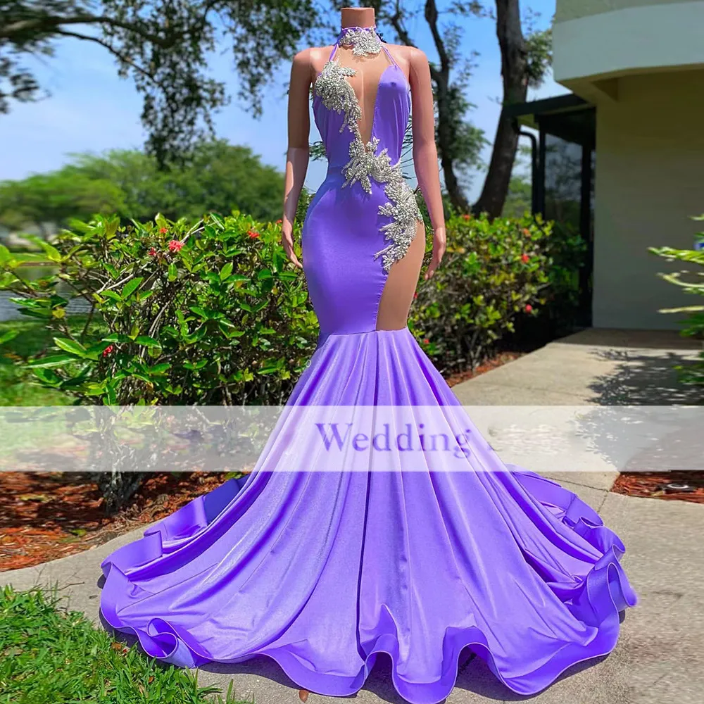 Purple Halter Neck Mermaid Prom Dresses Floral Appliques Graduation Birthday Party Gown Robe De Soiree