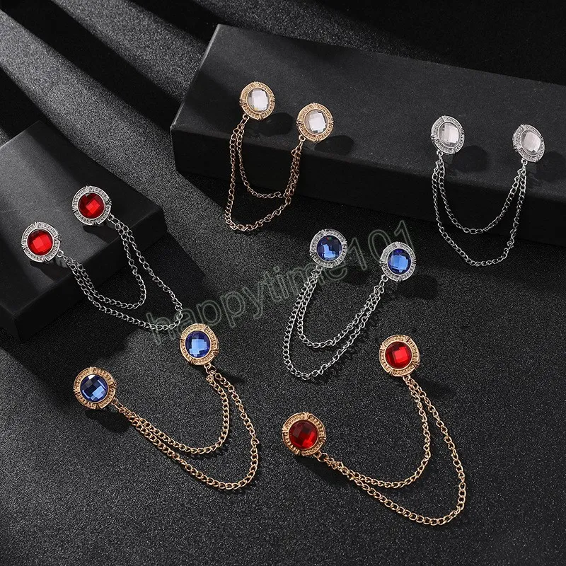 Korean Retro Rhinestone Round Crystal Collar Pin with Chain for Men's Shirt Brooch Tassel Lapel Pins Luxury Jewelry Accessories