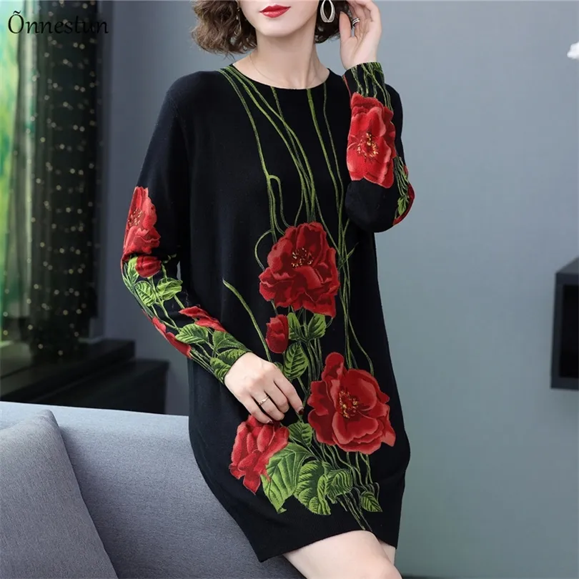 Long Sweater Dress Autumn Fashion Long Sleeve Pullovers Print Floral Knitwear Jumper Plus Size Sweater Women 210203