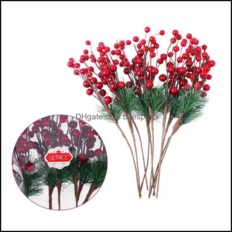 Decorative Flowers & Wreaths ULTNICE 10pcs Small Artificial Pine Picks Stimulation Berry Needles Red Flower Ornaments For Christmas