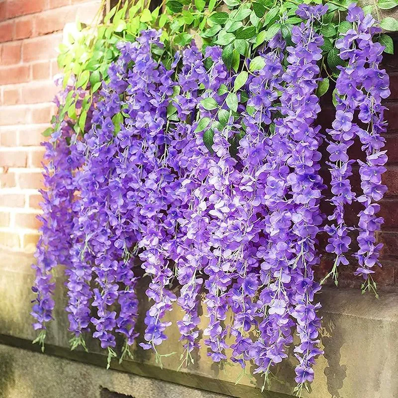 Couronnes De Fleurs Décoratives 110cm Violet Glycine Artificielle Faux Vigne Ratta Guirlande Suspendue Chaîne De Soie Maison Fête De Mariage DécorDécoratif