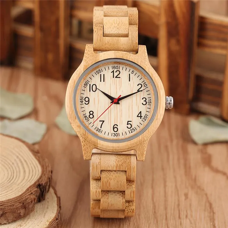 Polshorloges Natural Wood Ladies Fashion Bracelet Bekijk Arabisch nummer wijzerplaat horloges Quartz analoge bamboe klok volledige band voor dames relojwrist