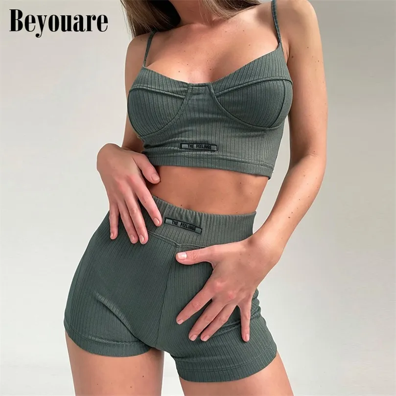 Beyouare Casual Donna Due pezzi Set Solid Fitness Stile sportivo Sling Skinny Canotta Crop Top Elastico in vita Pantaloncini Abito estivo 220421