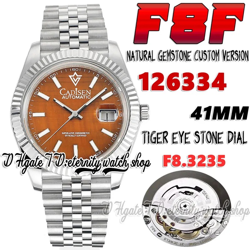 F8F F8126334 SA3235 Automatisk herrar Titta på naturliga tigerögonstenarpinnar 904L Jubileesteel Armband Anpassad version av naturlig Gem Eternity Watches