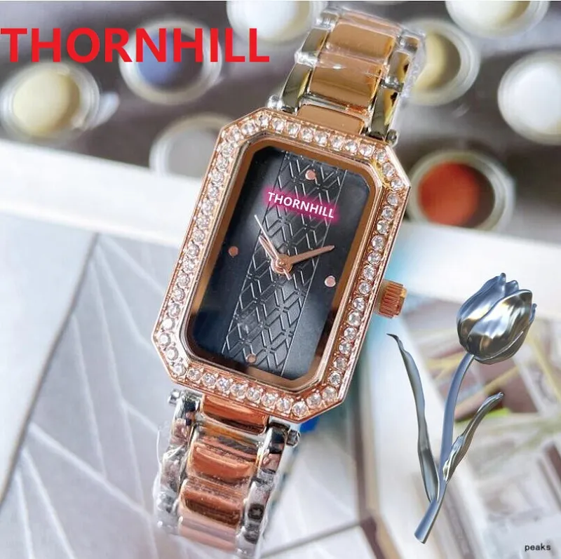 高級女性長方形のダイヤモンドリングウォッチラインストーンスタッドステンレスシンプルなカレンダーデート高品質高級腕時計レディースバレンタインギフト