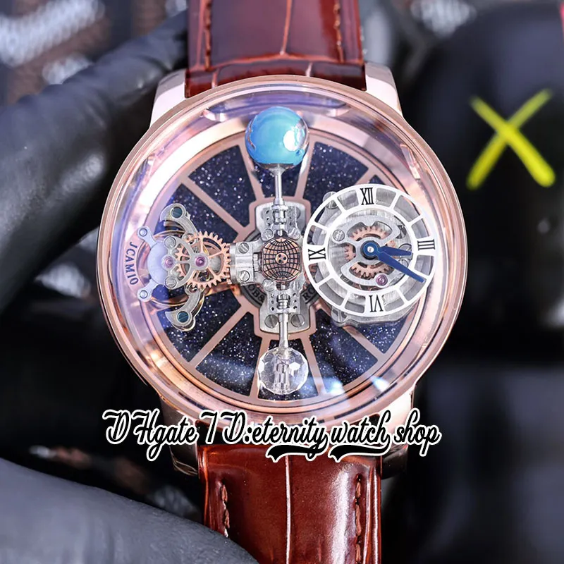 2022 Astronomia Tourbillon Swiss Quartz Mens Assista Rose Gold Steel Case Sky Skeleton 3D Globe Dial (Won Wall Spin) Brown Strap Versão estática Eternity relógios