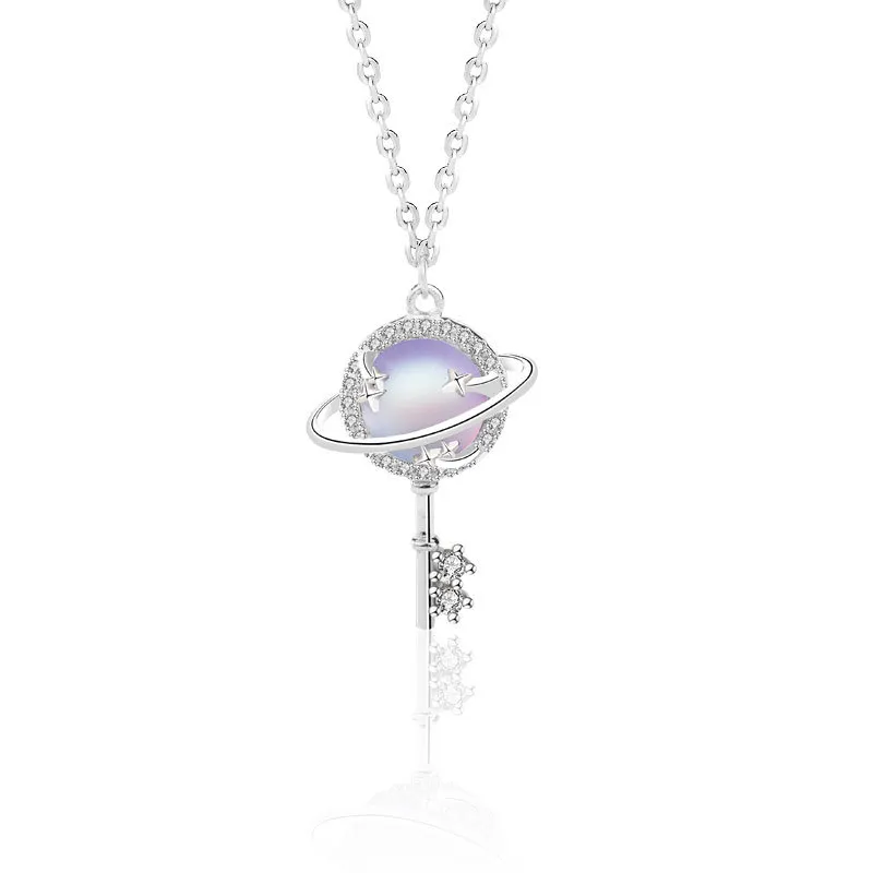 Original S925 Sterling Silver Aurora Planet Key Necklace Female Korean Simple Personality Key Moonstone Pendant