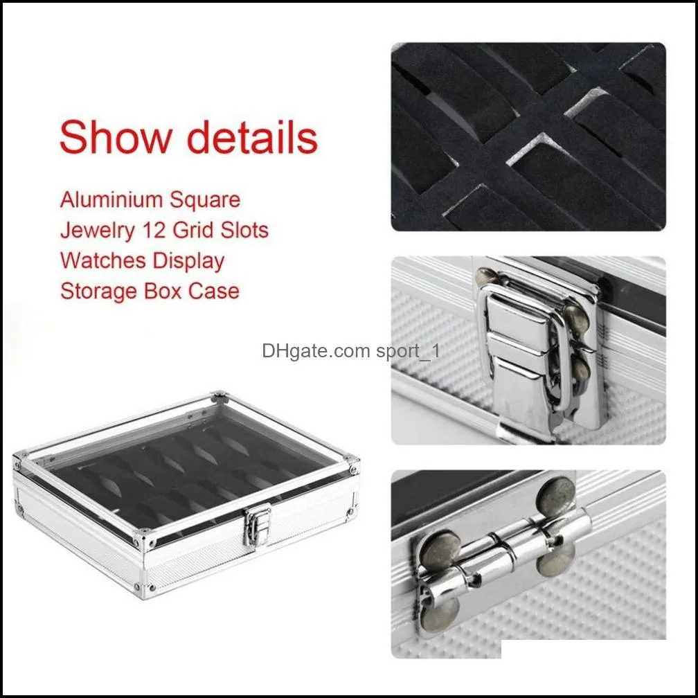 12 grids slots aluminium watches box jewelry display storage square case suede inside container watch holderr