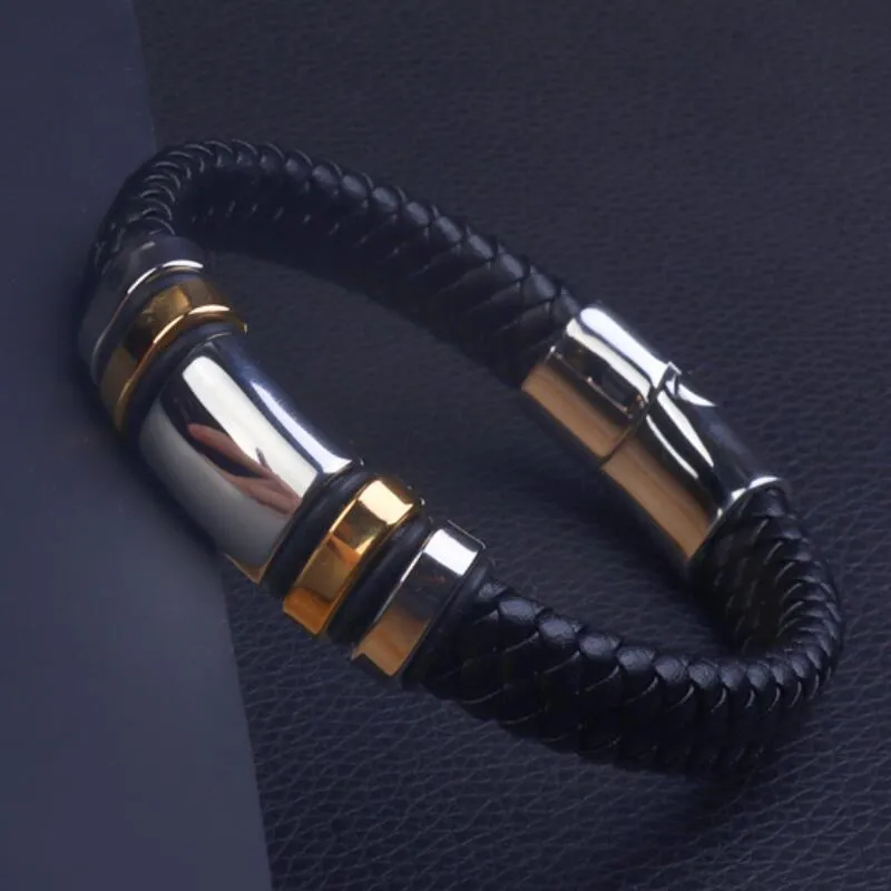 Klassisches Wickelarmband aus schwarzem Leder für Herren, Metall-Magnetverschluss, modischer Armreif, Geburtstagsgeschenk