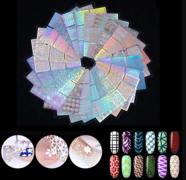 2022 mode Nieuwe Salon 24 Type Holle Laser Nail Art Sticker Stencil Set Gel Polish Nail Vinyl Tip Transfer Gids sjabloon Nail Decals Stickers