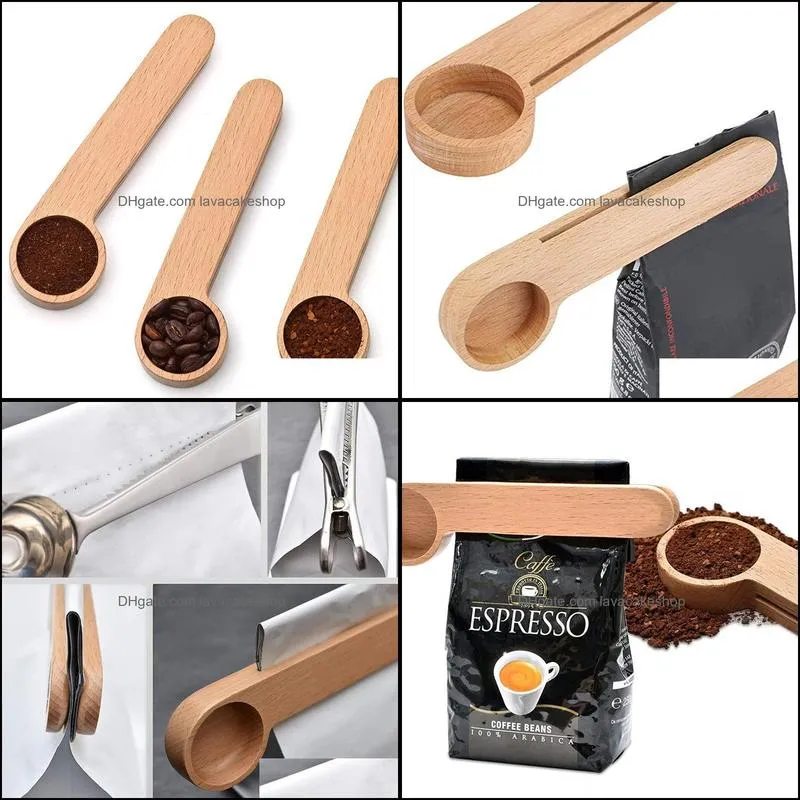 Spoon Wood Coffee Scoop With Bag Clip Tablespoon Solid Beech Wooden Measuring Scoops Tea Bean Spoons Clips Gift