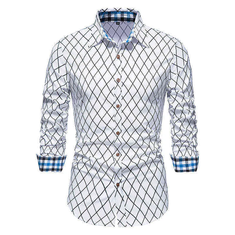 Mens White Plaid Long Sleeve Dress Shirts Brand Slim Fit Button Up Shirt Men Formal Business Work Casual Chemise Homme XXL L220704