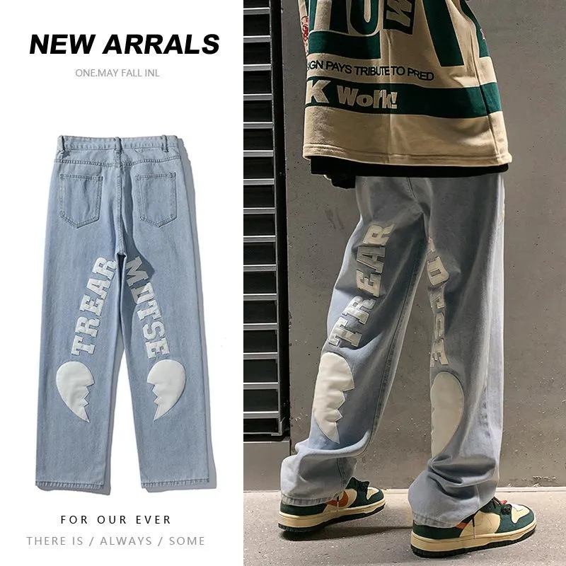 Men's Jeans Emo Men Harajuku Letter Embroidery Streetwear Alt Hip Hop Wide Leg Baggy Denim Pants Grunge Low Waist Trousers Y2273A