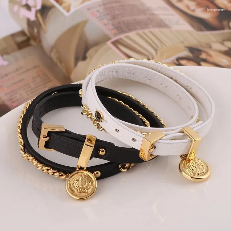 Bracelets porte-bonheur Double ceinture en cuir pour femme Couronne ronde Pendentif Boucle BraceletCharm Inte22