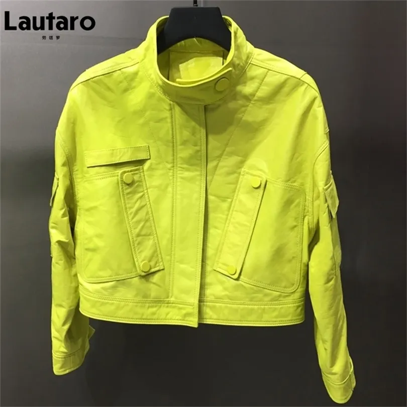Lautaro Autumn Short Lemon Yellow Leather Jacket Women Dragkedja Fickor Långärmad färgad Harajuku Y2K Clothes Street Style 210923