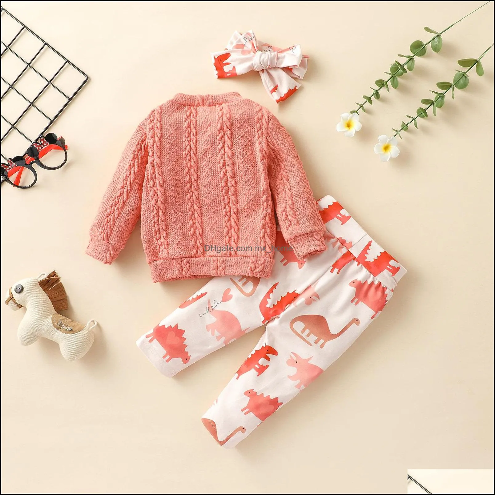 kids clothing sets girls outfits infant knitted sweater pullover tops dinosaur print pants headband 3pcs/sets autumn winter fashion boutique baby clothes