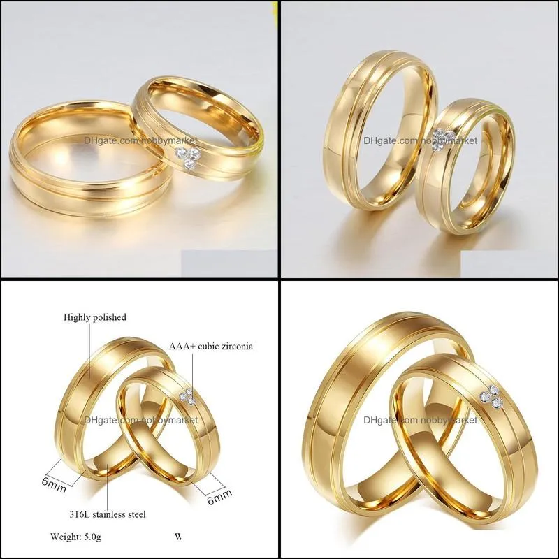 Wedding Rings Fashion Gold-Color Couple + Cubic Zirconia Stainless Steel Engagement Ring For Women Men