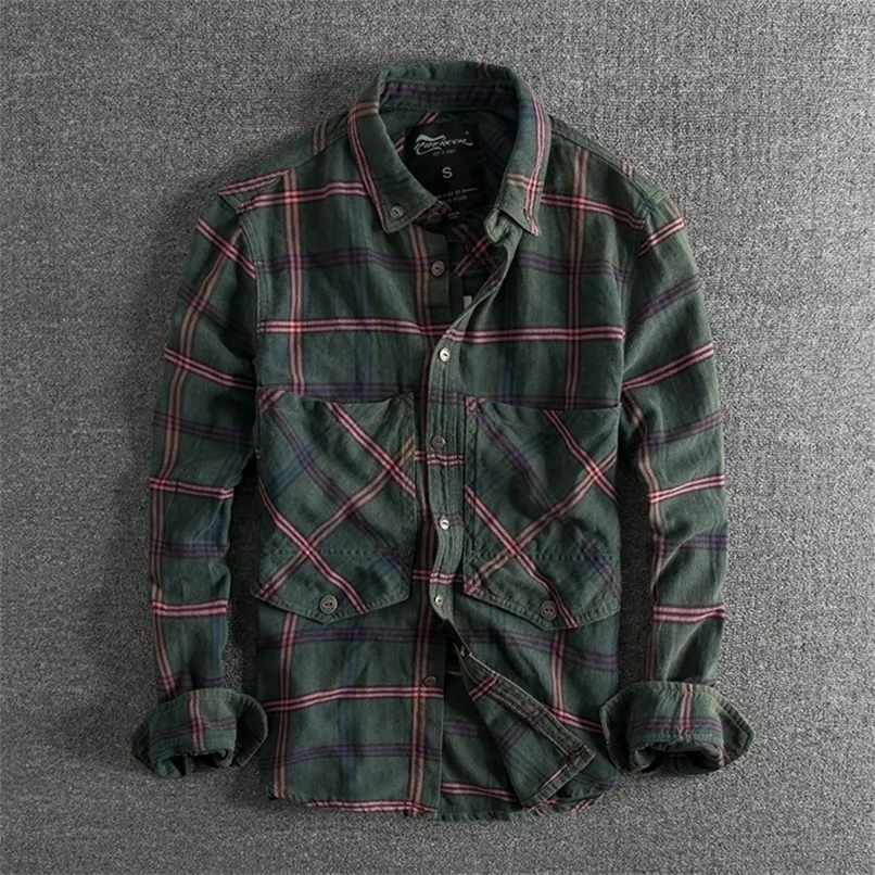 Höst Vinter Europa Amerika Enkel Fashion Plaid Ungdom Långärmad Blus Tvättad Oxford Cloth Business Herrskjorta 220322