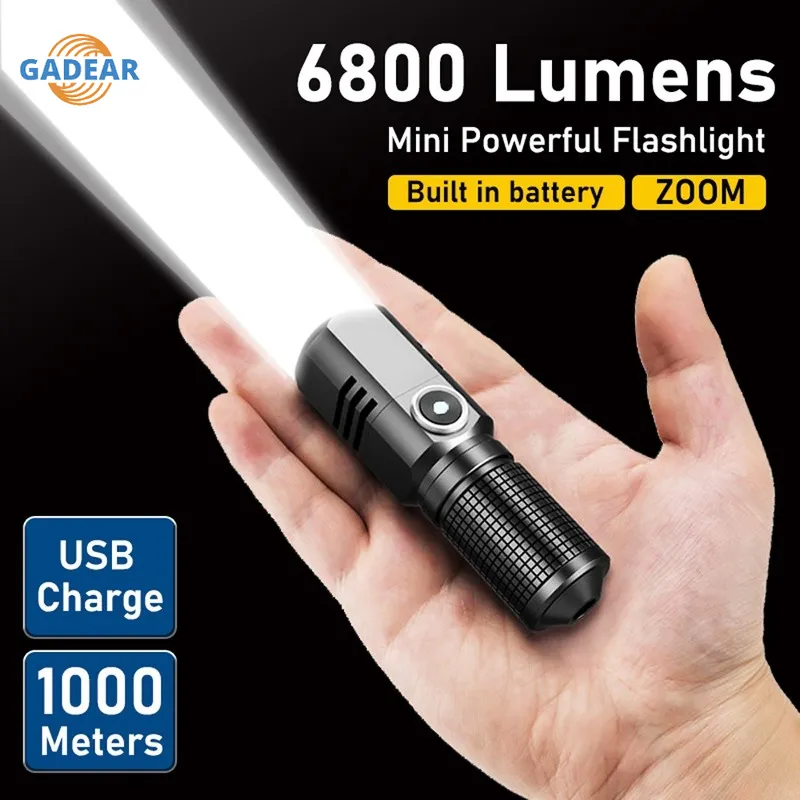 Xhp50 6800 Lumens Mini Powerful LED Flashlight, Built-In Battery, 3 Modes, USB Rechargeable EDC Torch Lamp Flashlight