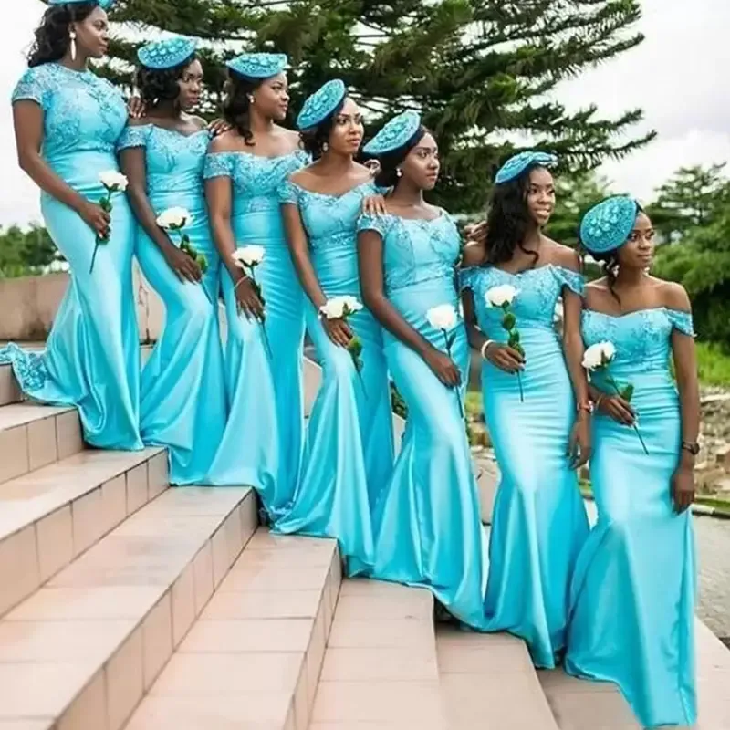 Blue Off Shoulder Bridesmaid Dresses Mermaid Satin Straps Pleats Ruched Lace Applique Beaded Maid Of Honor Gown African Wedding Guest Wear Vestidos 403