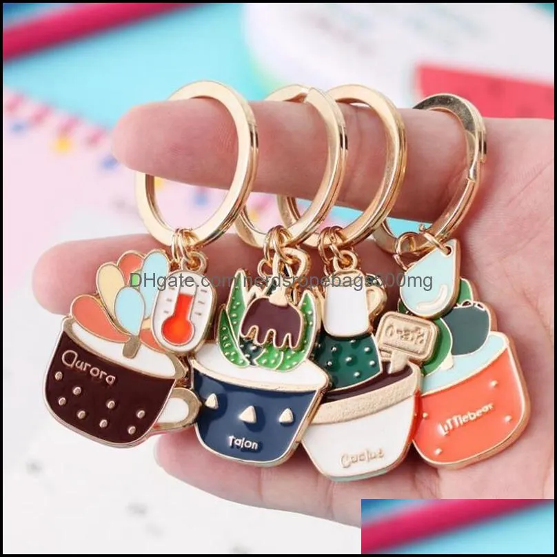 Enamel Cactus keychains women Succulent Potted keychain beach style hat rings creative car key holder cute key finder bag rings 214 S2