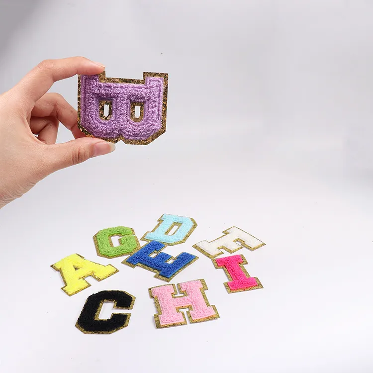 Chenille Alphabet Number Patches With AZ Glitters And Gold Border