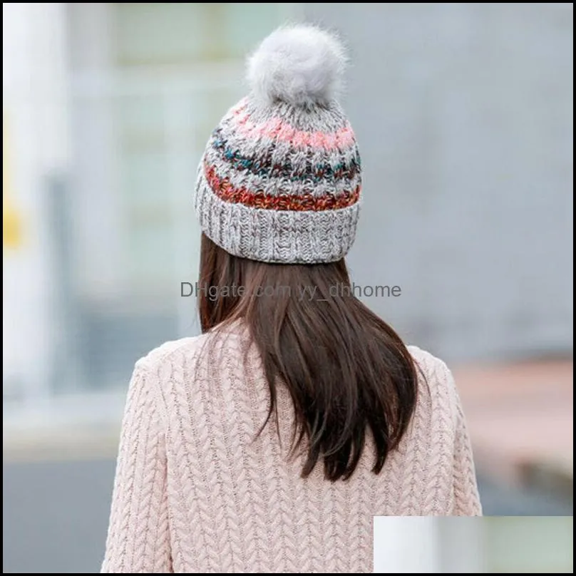 Women Fur Pom Ball Knit Baggy Bobble Hat Beanie Ski Cap Autumn Winter Female Warm Strip Beanies1