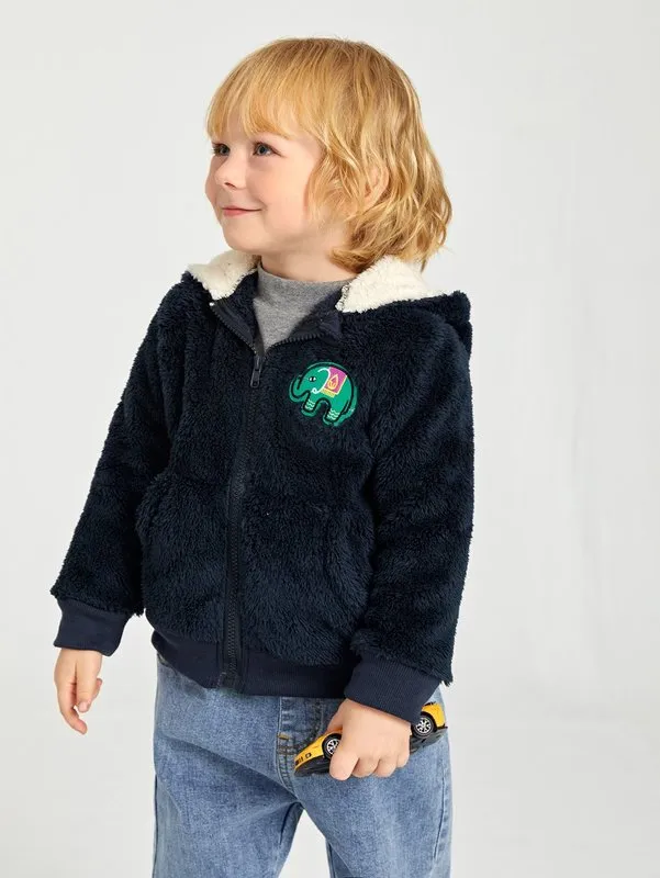 Veste en peluche à capuche avec fermeture éclair et broderie éléphant pour tout-petit garçon SHE