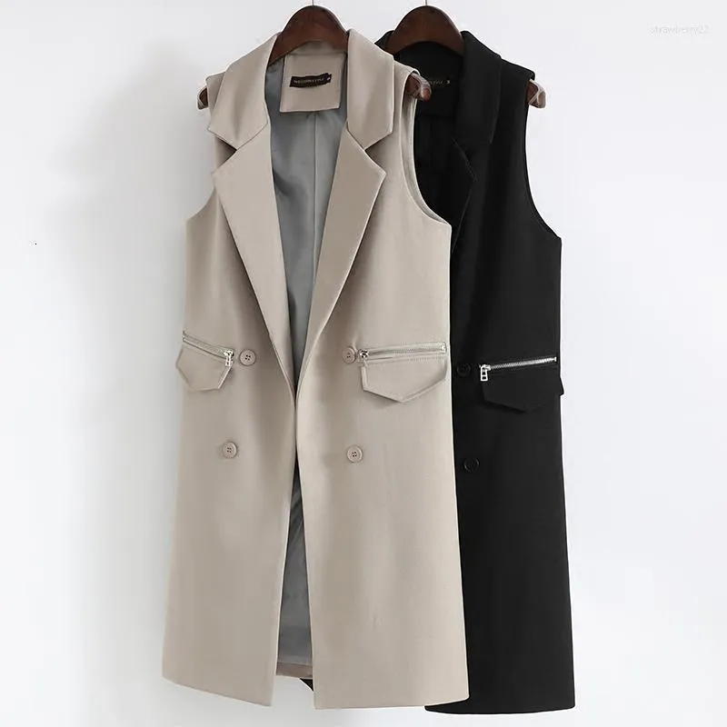 Femmes gilets femmes sans manches Blazer gilet printemps automne Long gilet femme vêtements d'extérieur à la palangre veste poche manteau noir Stra22