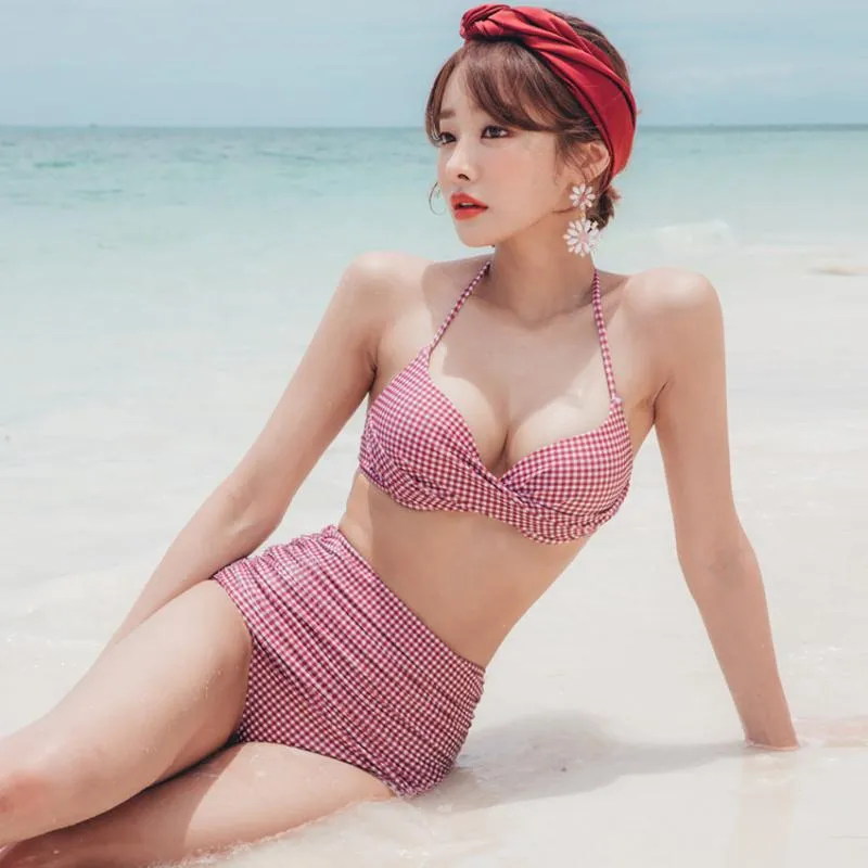 Womens Swimwear Japanese And Korean Spring Beach Small Breasts Gather Thick High  Waist Cover Belly Split Bikini Swimsuit From Deanlivia, $13.52