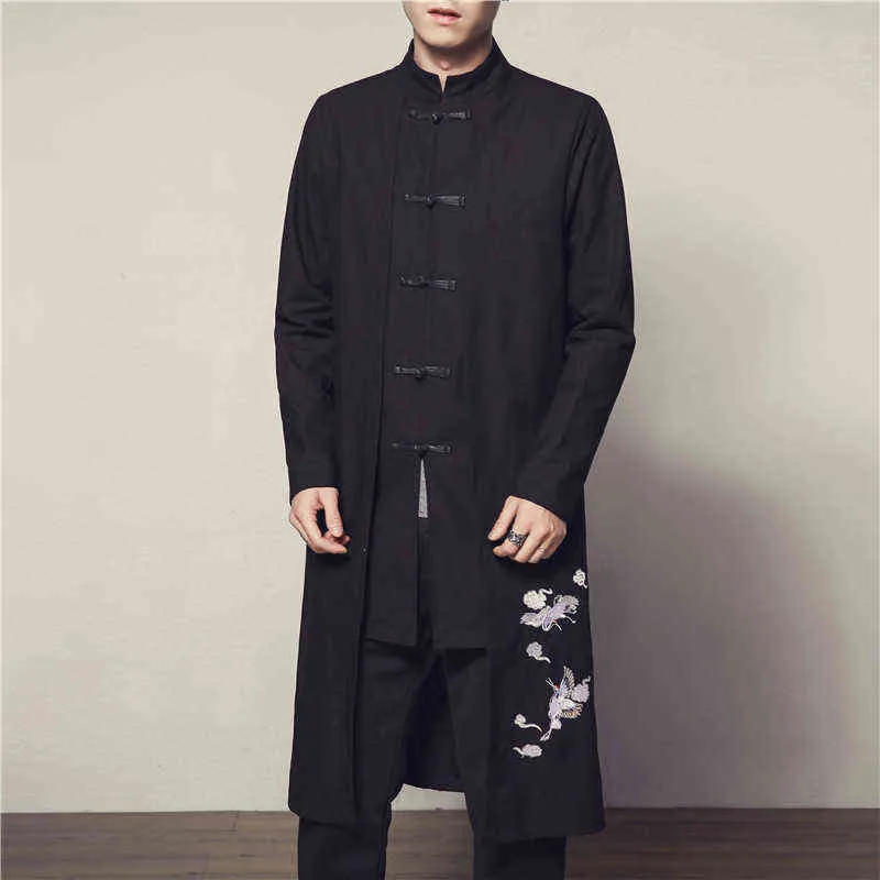 Män långa jackor 2022 Spring Mens Printed Linen Trench Coat Male Chinese Style Fake 2 Pieces Cardigan Kimono Windbreaker M-5XL L220706