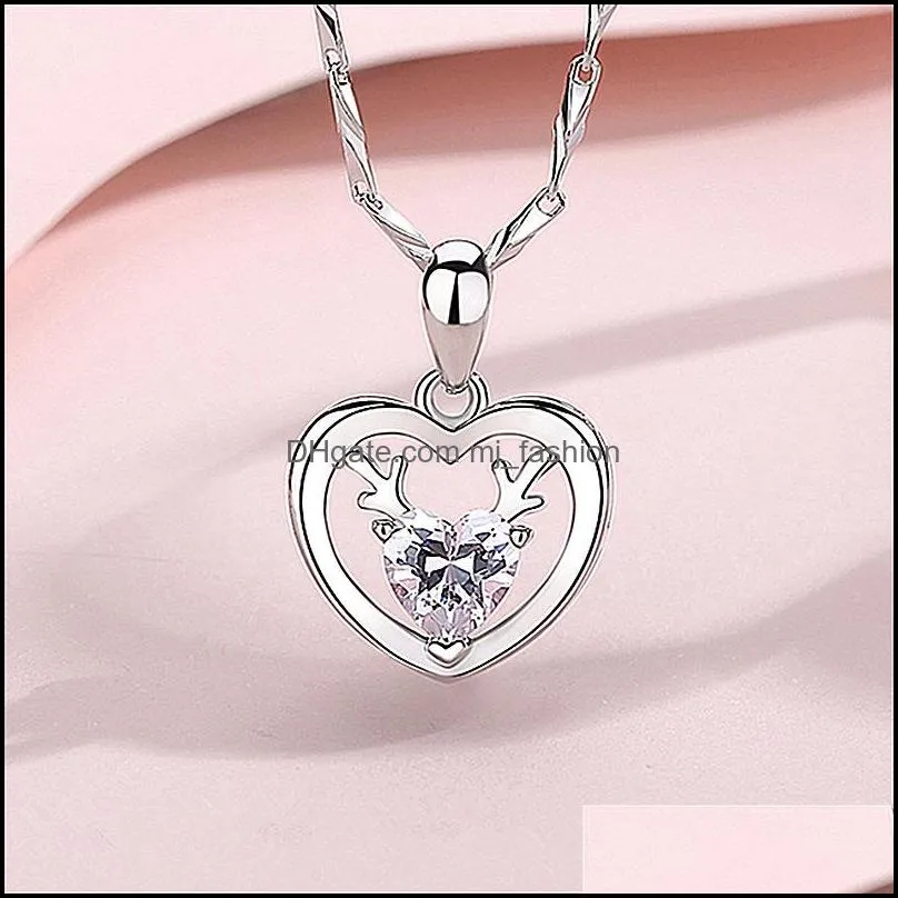 silver necklaces new woman fashion jewelry high quality crystal zircon heart necklace antler pendant necklace