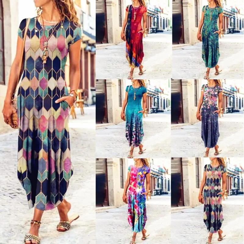 Robes Décontractées Femmes D'été Poche Boho Arc Maxi Imprimé Floral Ruffles Lâche Robe À Manches Courtes PartyCasual