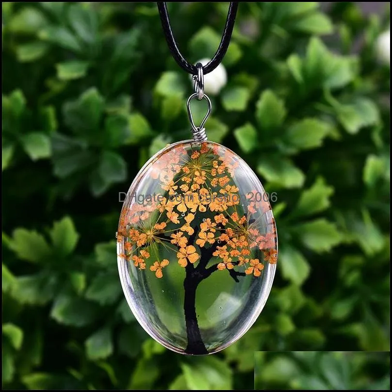 Oval Tree Of Life Glass Necklaces For Women Dried flowers specimen Pendant Leather chain Fashion Jewelry Gift 2954 Q2