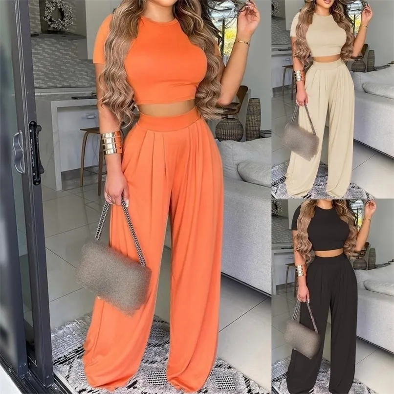 Summer Elegant Women Solid Casual Fitness Tracksuit Set Outfits Short Sleeve Crop Tops Trouser Flare Pants 2 Two Piece Set 220611