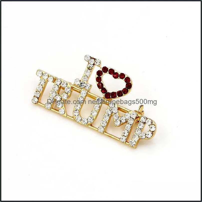 Alloy Arts and Crafts Rhinestone Brooch Corsage Glitter Letter I Love Trump Portable Breast pins Gold Color Lapel Badge Jewelry Fashion Accessories 3 8md